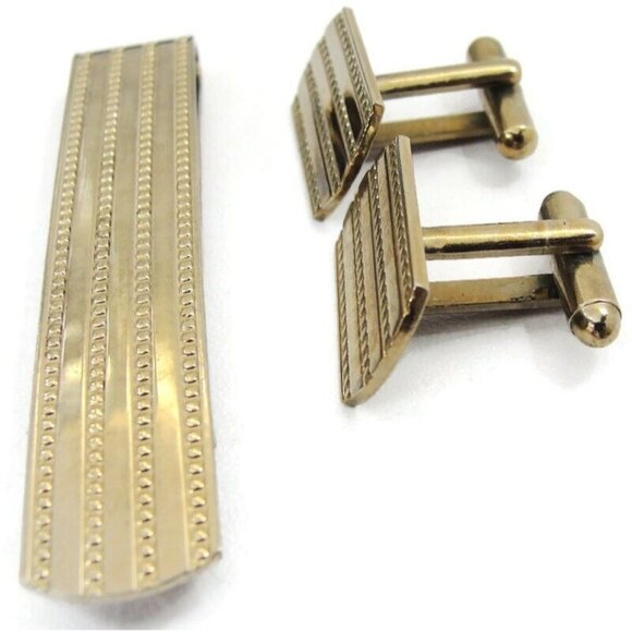 Long Wide Tie Bar & Cufflink Set Faded Gold Tone Tarnished Shirt Vintage - Picture 3 of 7